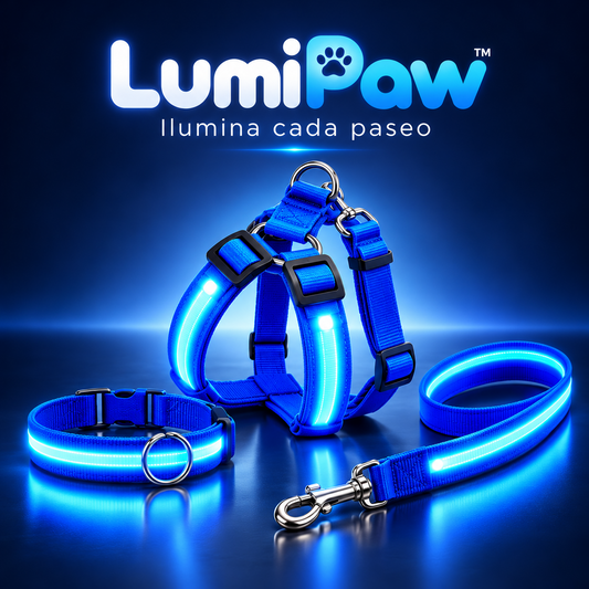 Conjunto LumiPaw: arnés, collar y correa LED azules