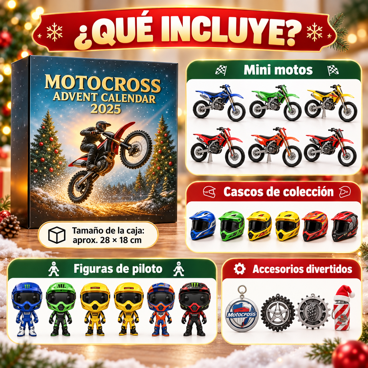 Contenido del calendario de motocross: mini motos, cascos, figuras y accesorios