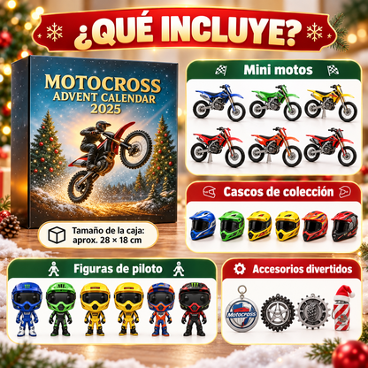 Contenido del calendario de motocross: mini motos, cascos, figuras y accesorios